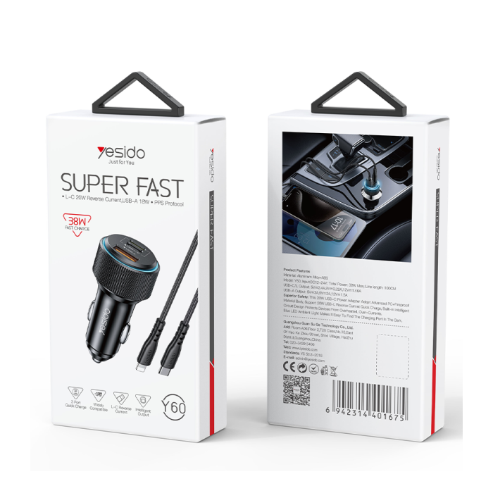 Yesido Y60 38W Car Charger Dual Pd & Usb With Pd To Lightning Cable