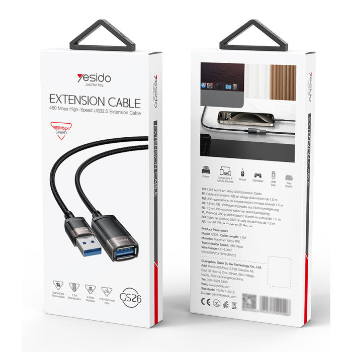 Yesido Gs26 Male Usb To Female Usb 1.5M Cable Extender