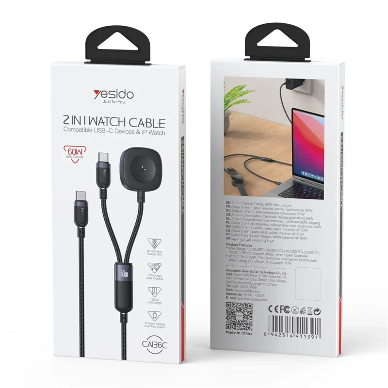 Yesido Ca136C 60W 2In1 Pd To Type C Apple Watch Charging Cable