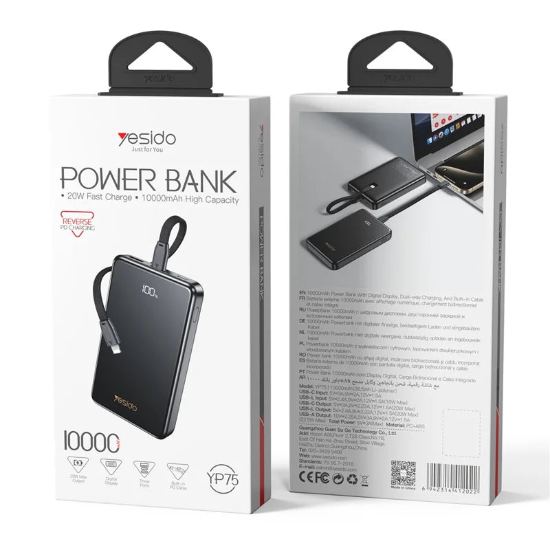 Yesido Yp75 10000Mah 22.5W Digital Display Power Bank With Built-In Ip Cable