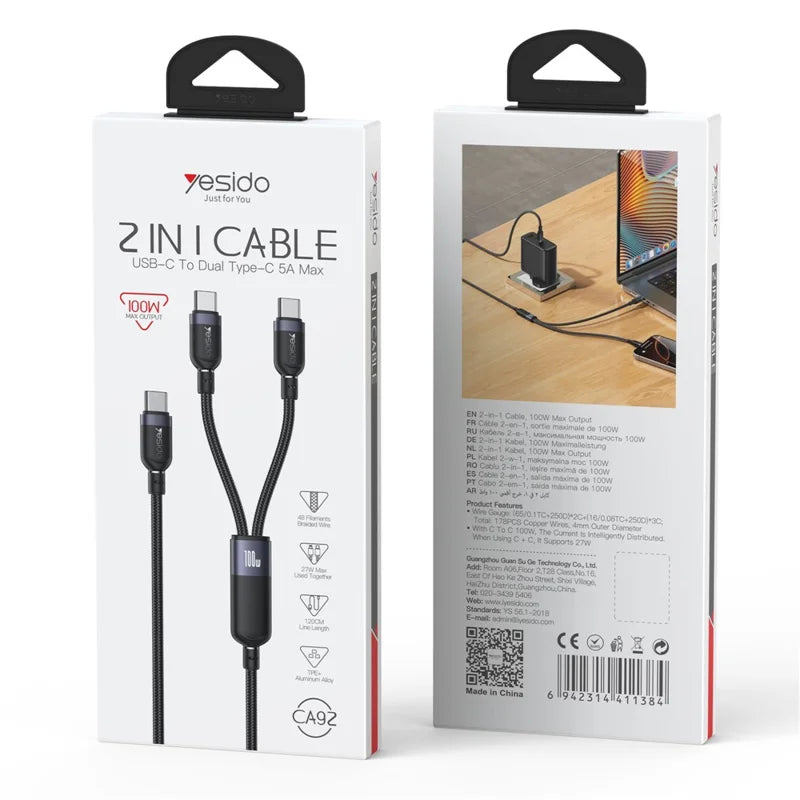 Yesido Ca92 1.2M 100W Pd To Type C & Type C 2In1 Cable