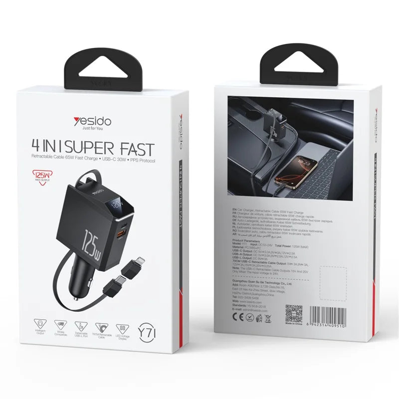 Yesido Y71 125W Car Charger Usb + Pd With Retractable Cable And Ip Adapter