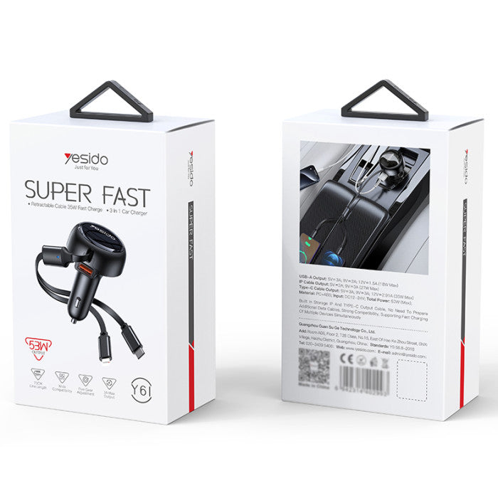 Yesido Y61 53W Pd & Iphone Car Charger With Telescopic Cable
