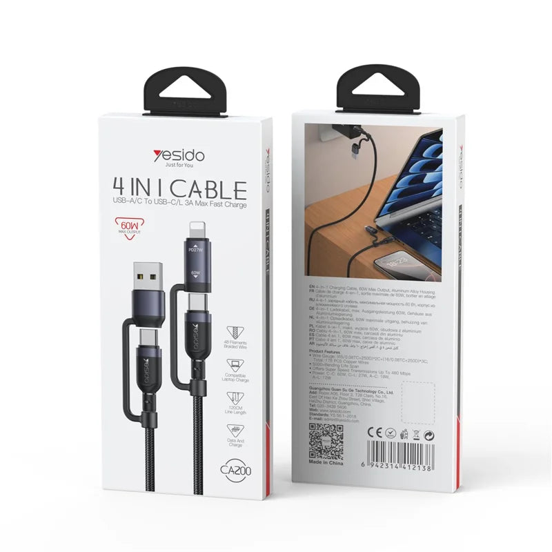 Yesido Ca200 4 In 1 Usb / Type-C To Type-C / Iphone Braided Cable
