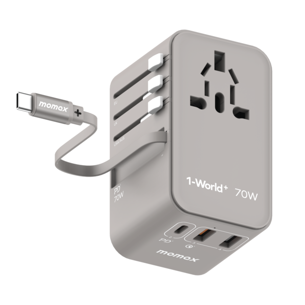 1-World+ 70W GaN 3-Port w/ Built-in USB-C Cable + AC Travel Adaptor (Grey)