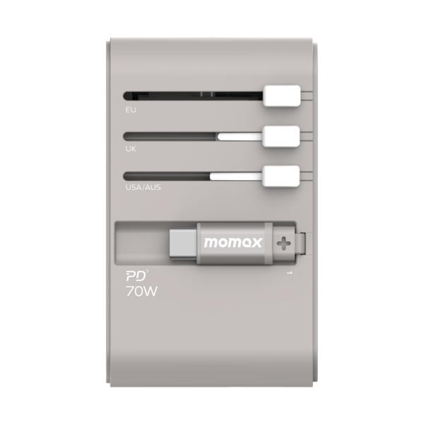 1-World+ 70W GaN 3-Port w/ Built-in USB-C Cable + AC Travel Adaptor (Grey)