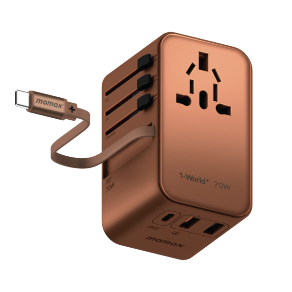 1-World+ 70W GaN 3-Port w/ Built-in USB-C Cable + AC Travel Adaptor (Desert Titanium)