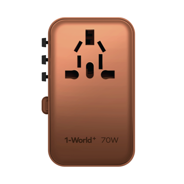 1-World+ 70W GaN 3-Port w/ Built-in USB-C Cable + AC Travel Adaptor (Desert Titanium)