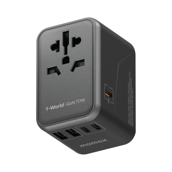 1-World+ 70W GaN 3-Port w/ Built-in USB-C Cable + AC Travel Adaptor (Black)