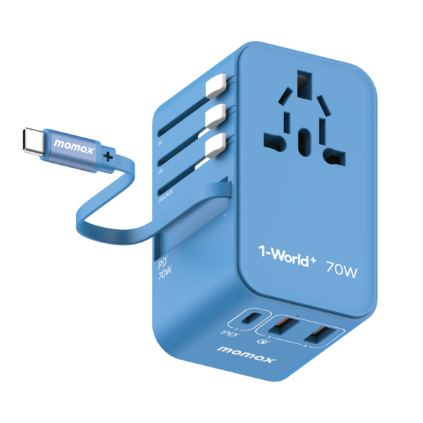 1-World+ 70W GaN 3-Port w /Built-in USB-C Cable + AC Travel Adaptor (Blue)