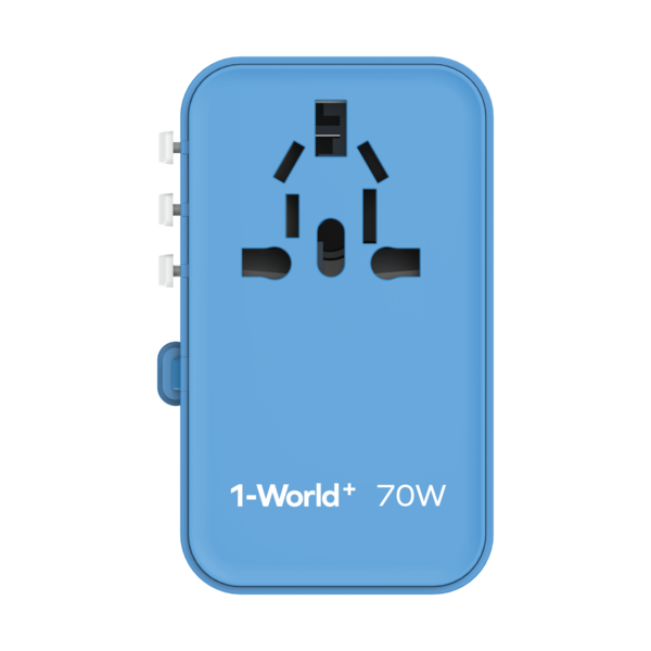 1-World+ 70W GaN 3-Port w /Built-in USB-C Cable + AC Travel Adaptor (Blue)