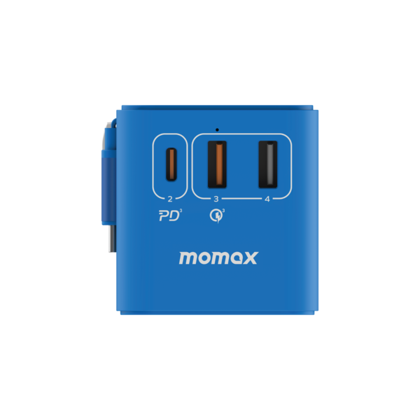 1-World+ 70W GaN 3-Port w /Built-in USB-C Cable + AC Travel Adaptor (Blue)