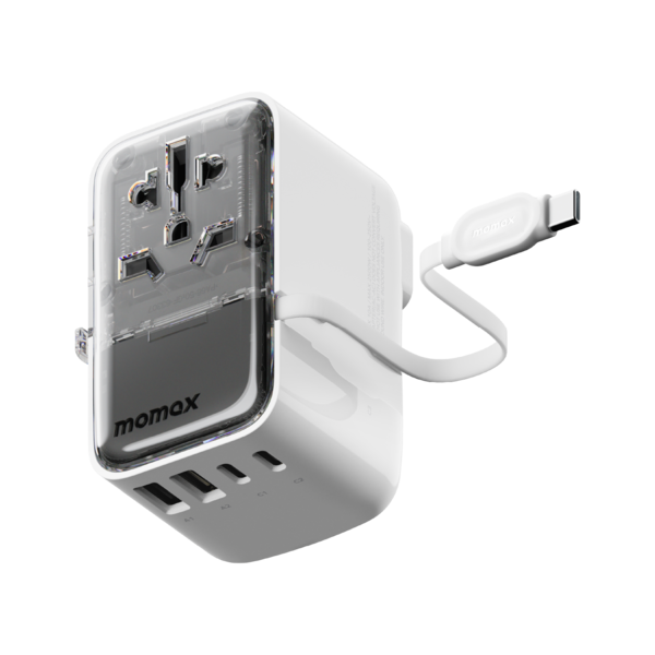 1-World+ Flow 35W 4-Port w/ Built-in USB-C Cable + AC Travel Adaptor (White)