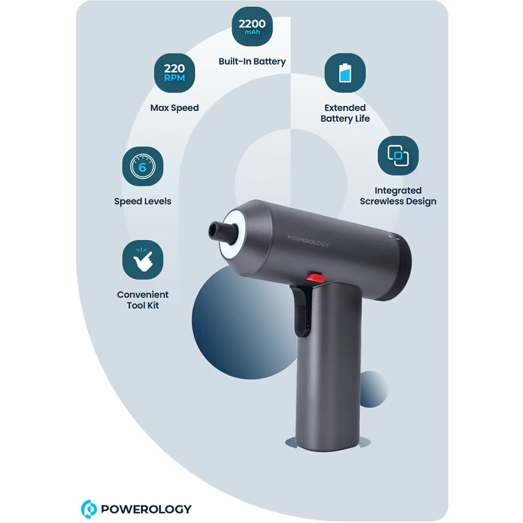 Powerology 30 Bits Electric Screwdriver Gun With Built-In Led Lightspace Gray