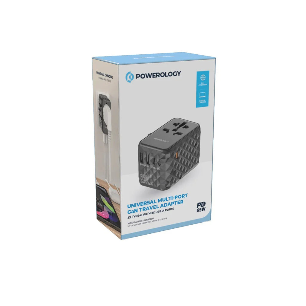 Powerology Universal Multi-Port Gan Travel Adapter  Gray