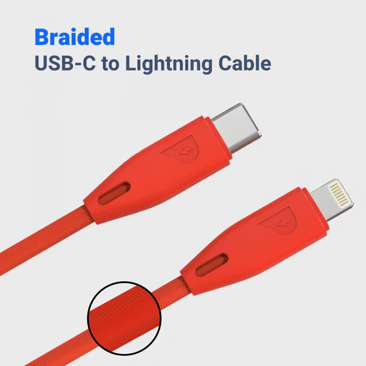 Powerology Braided Usb-C To Lightning Cable  Up To 15000+ Bends (2M/6.6Ft)Red