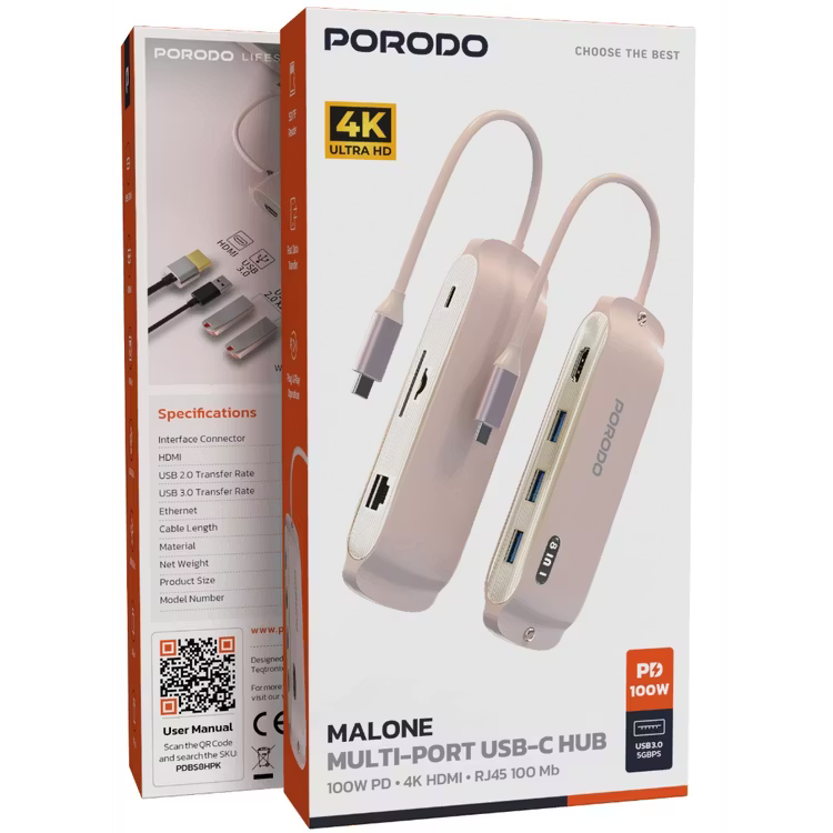 Porodo Malone Multi-Port USB-C HUB -Pink
