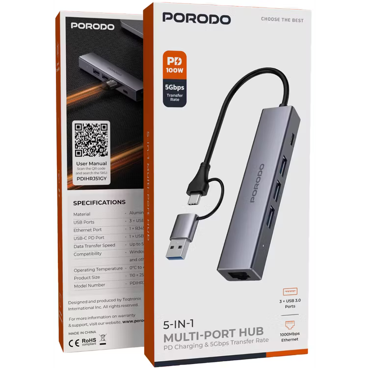 Porodo 5 IN 1 Multi Port Hub -Gray