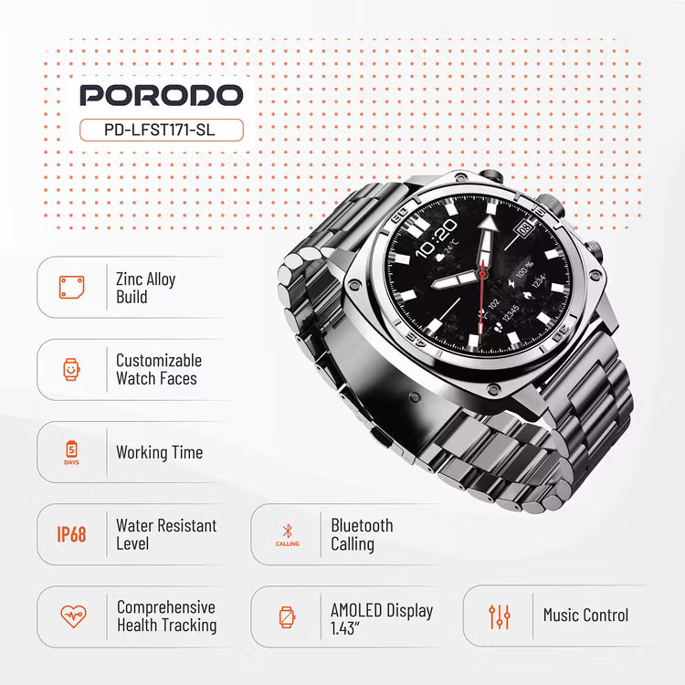 Porodo Chrono Steel Smart Watch -Silver