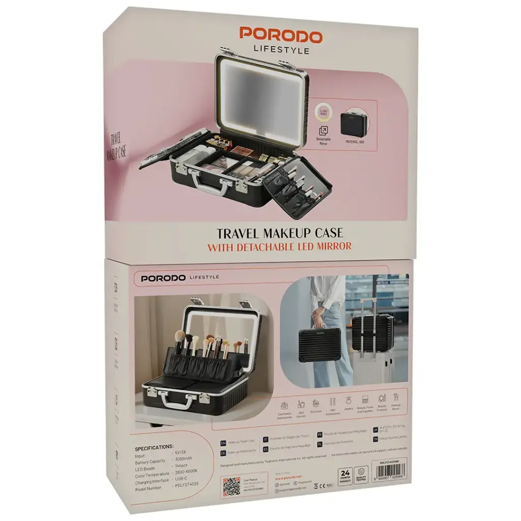 Porodo Lifestyle Travel Makeup Case With Detachable LED Mirror -Black