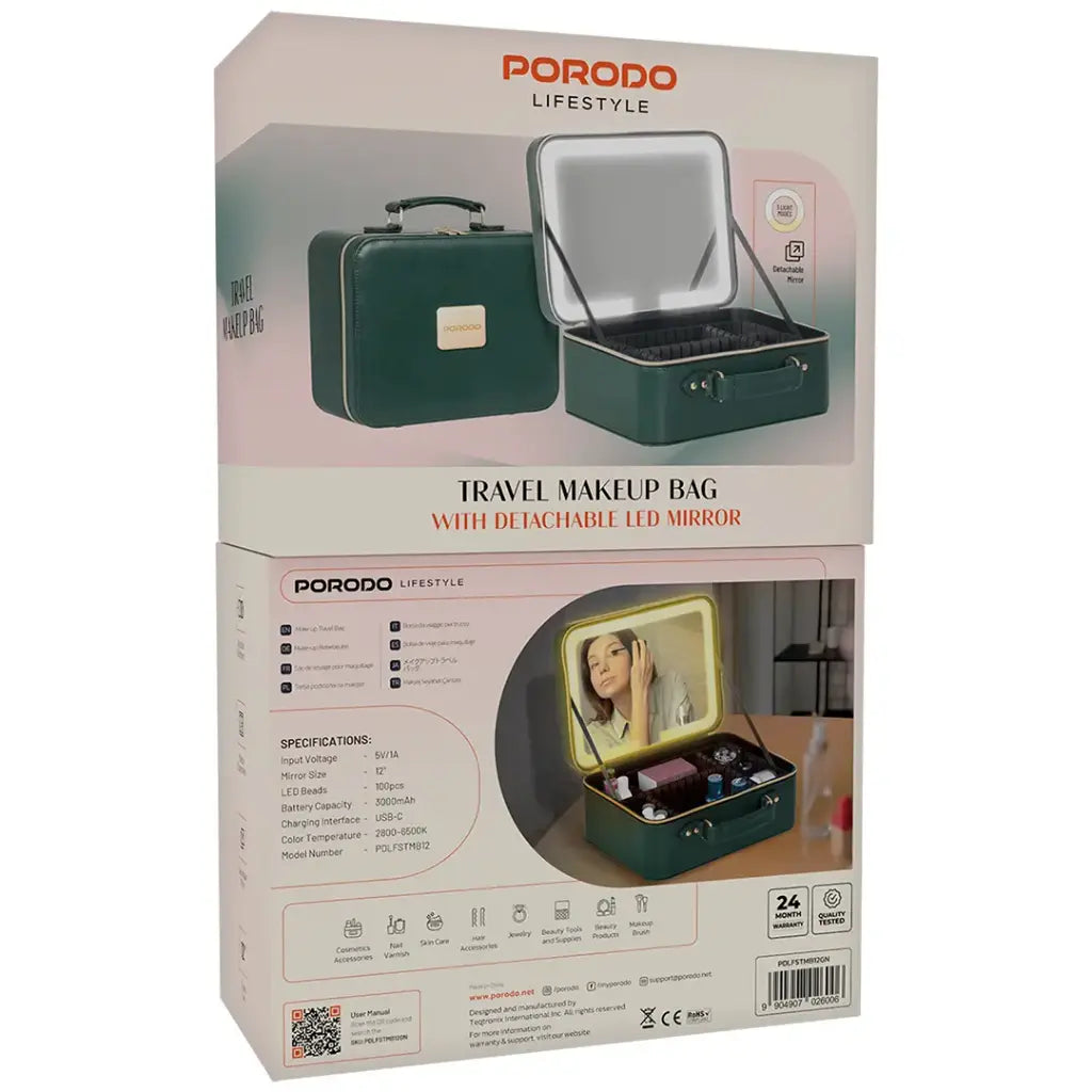 Porodo Lifestyle Travel Makeup Bag With Detachable LED Mirror -Green