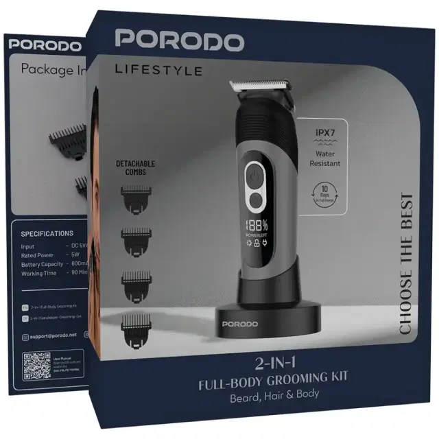 Porodo Lifestyle 2-IN-1 Full-Body Grooming Kit Beard, Hair & Body -Black