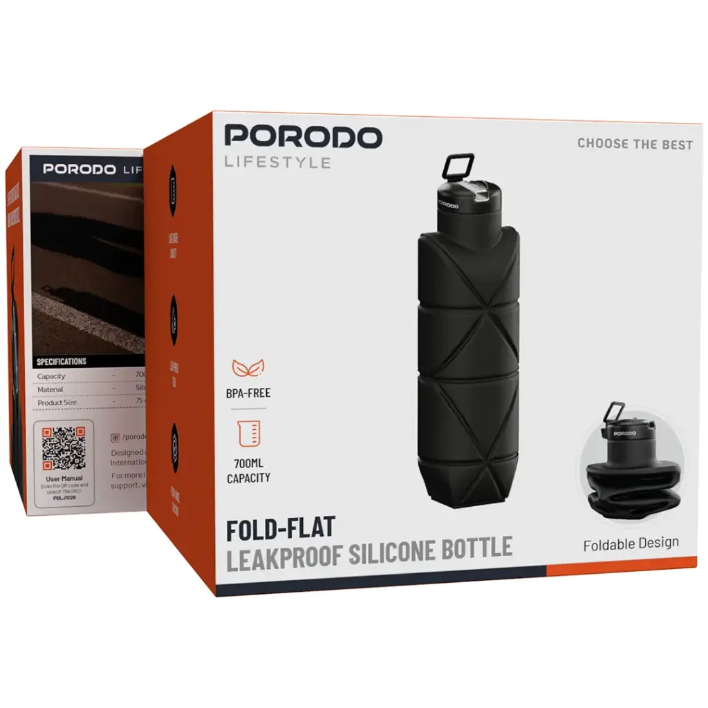 Porodo Lifestyle Fold-Flat LeakProof Silicone Bottle -Black