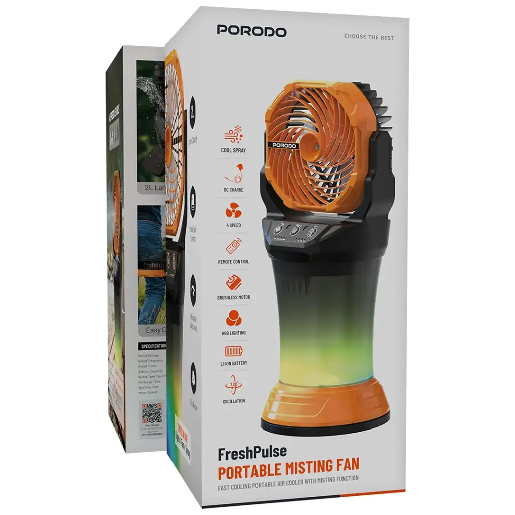 Porodo Fresh Pulse Portable Misting Fan -Orange & Black