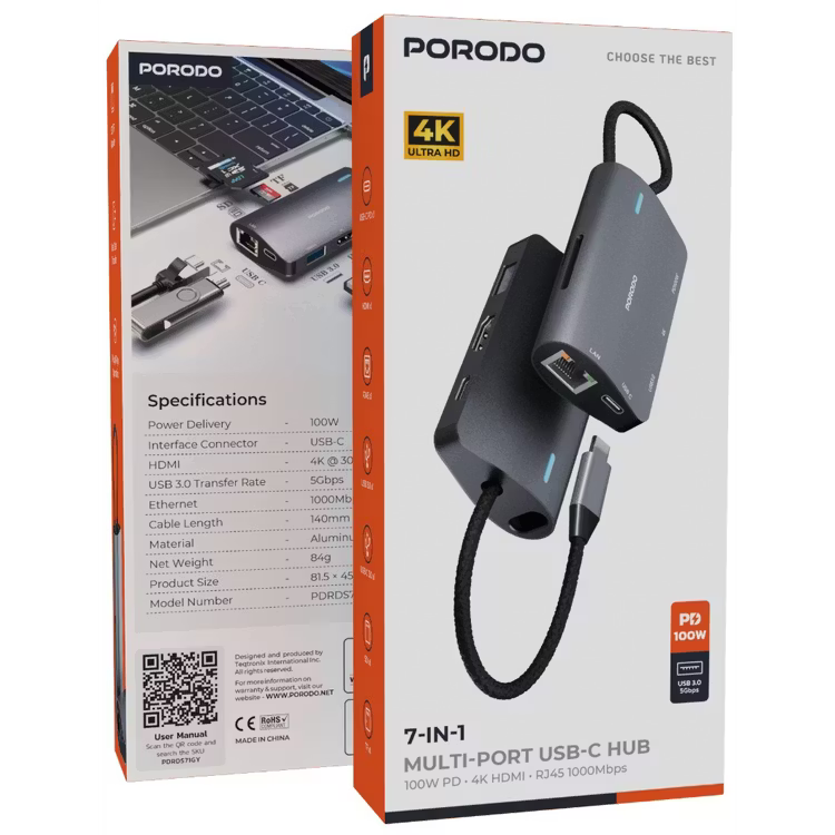 Porodo 7 IN 1 Multi Port USB-C Hub -Gray