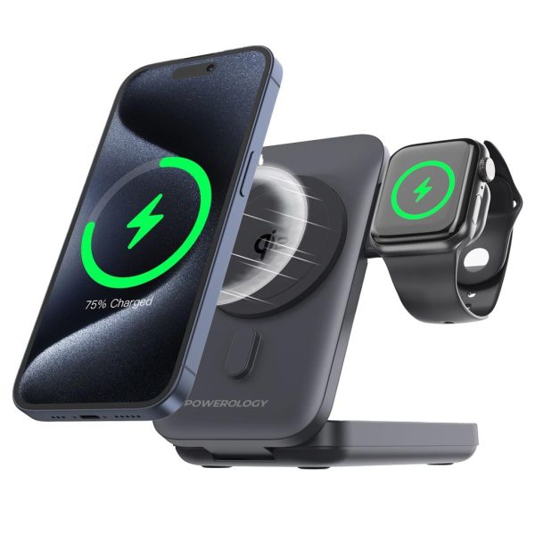 Powerology  10000Mah Qi2 - 15W Iphone 15 Magsafe Powerbank - Watch Charger Black