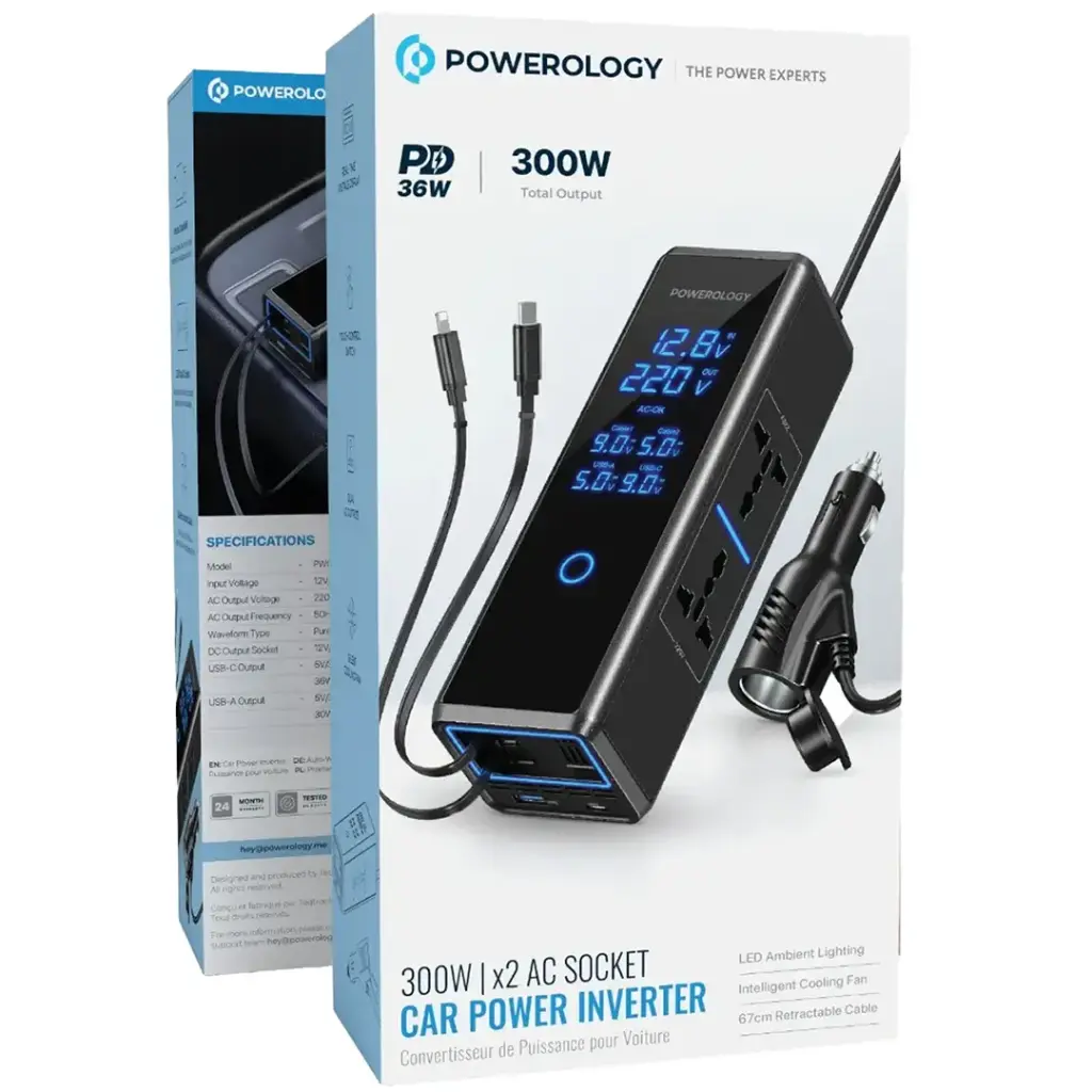 Powerology 300W  | x2 AC Socket Car Power Inverter -Black