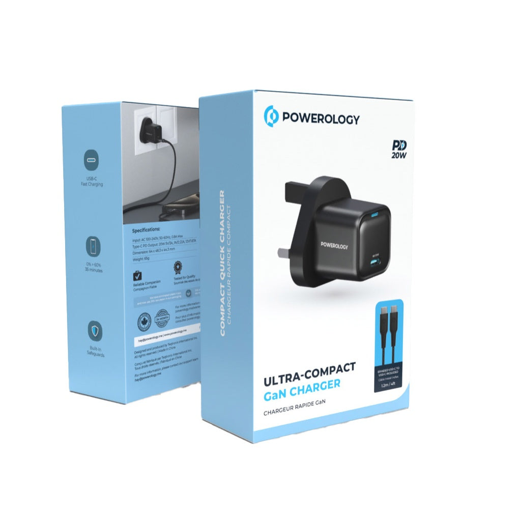 Powerology Ultra-Compact Gan Charger With Usb-C To Usb-C Cable 1.2M /4Ft Black