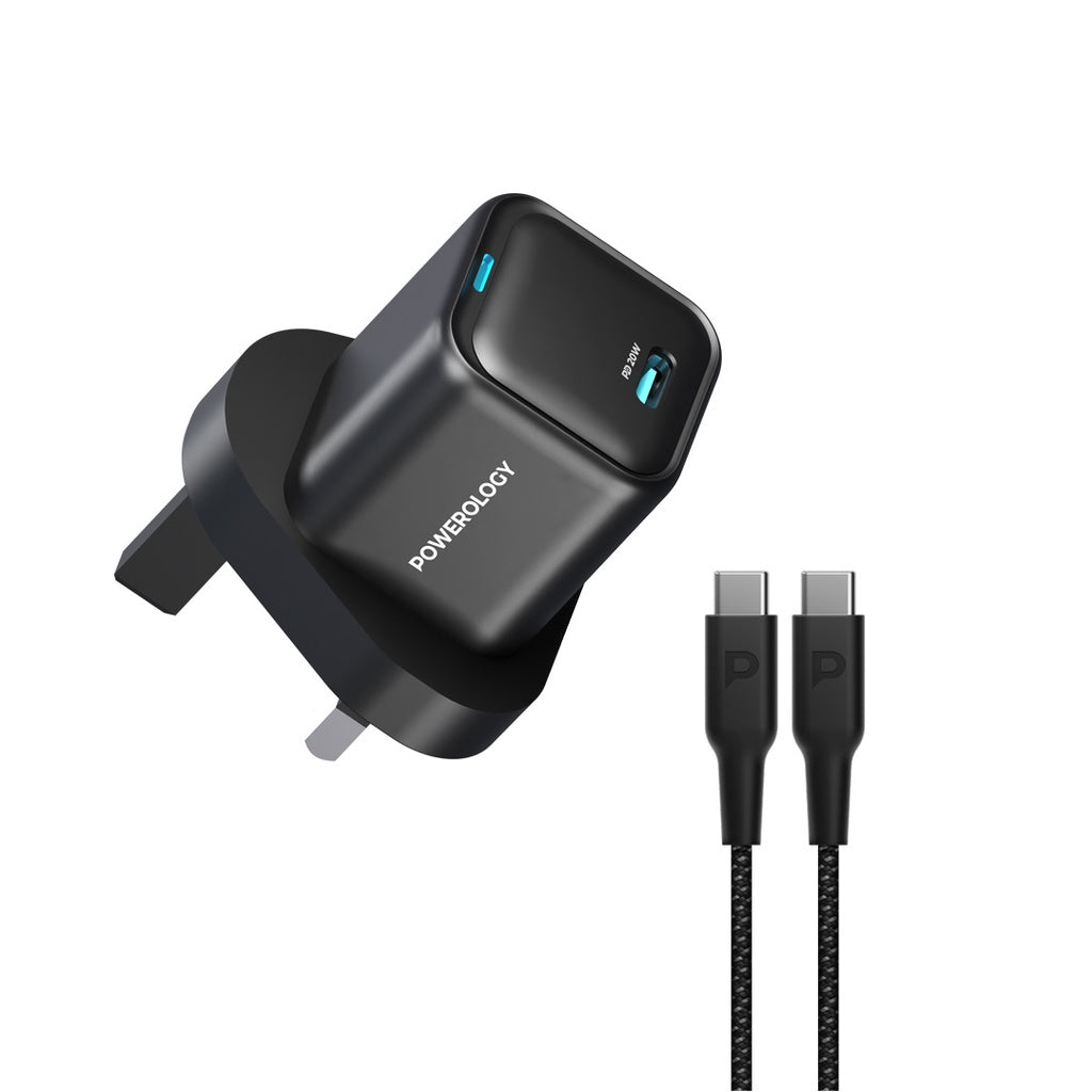 Powerology Ultra-Compact Gan Charger With Usb-C To Usb-C Cable 1.2M /4Ft Black