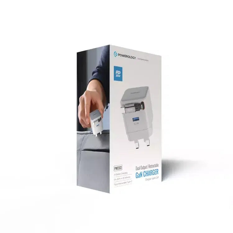 Powerology Dual Port | Retractable Gan Charger White