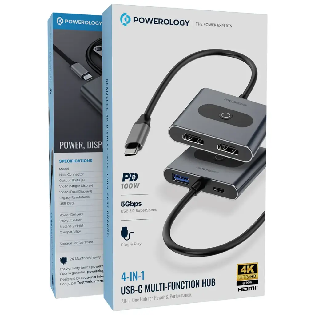 Powerology 4 In 1 USB-C Multi-Function Hub PD 100W -Gray