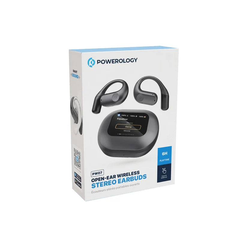 Powerology Open-Ear Wireless Stereo Earbuds Black 600mAh (Charging Case) - 60mAh (Earbuds)