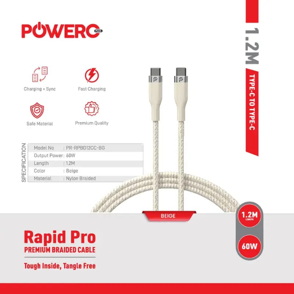 PowerO+ Rapid Pro Premium Braided Cable USB-C to USB-C 60W , 1.2M-BG