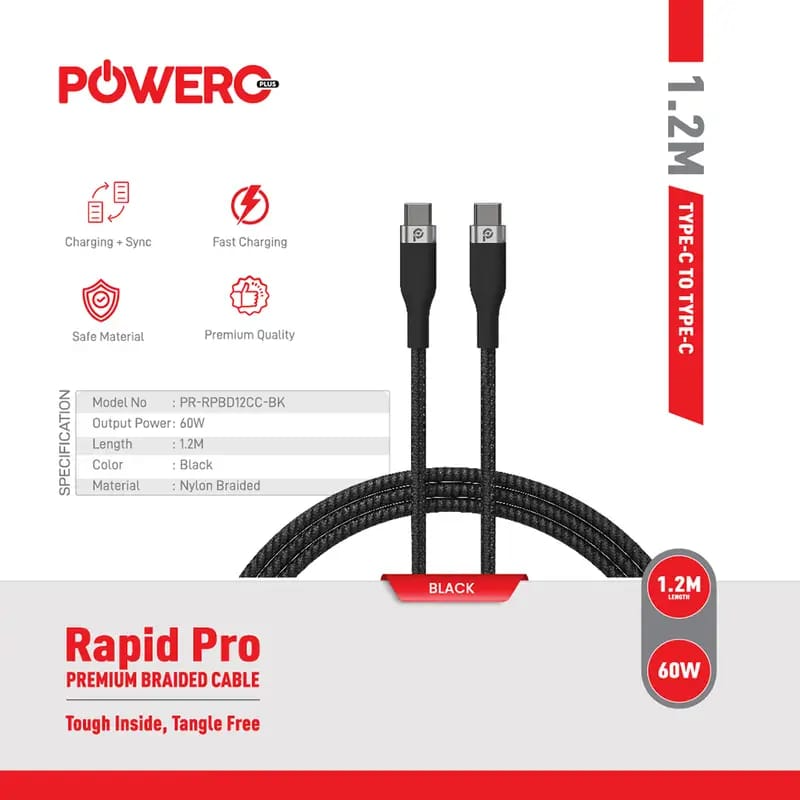 PowerO+ Rapid Pro Premium Braided Cable USB-C to USB-C 60W , 1.2M.