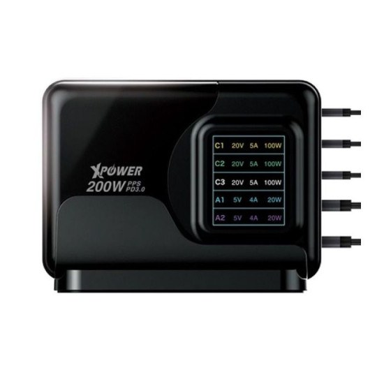 XPOWER  200W 4 Output PD 3.0/Qc/Scp Gan Wall Charger - Black