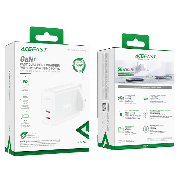 Acefast Wall Charger A32 GAN PD50W (2xUSB-C) UK WHITE
