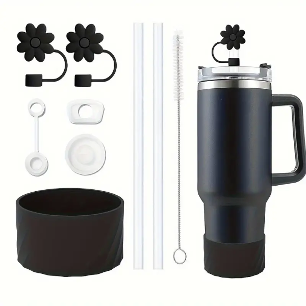 Silicone Kit for Stanley quencher (Boot/Straw Cover/Straw-2Pc/Spill Proof-3Pc/Brush)-Black