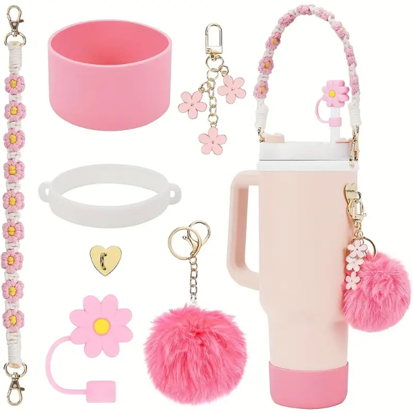 Silicone Kit for Stanley quencher  (Strap/Boot/Straw Cover/Charms-2Pc)-Pink