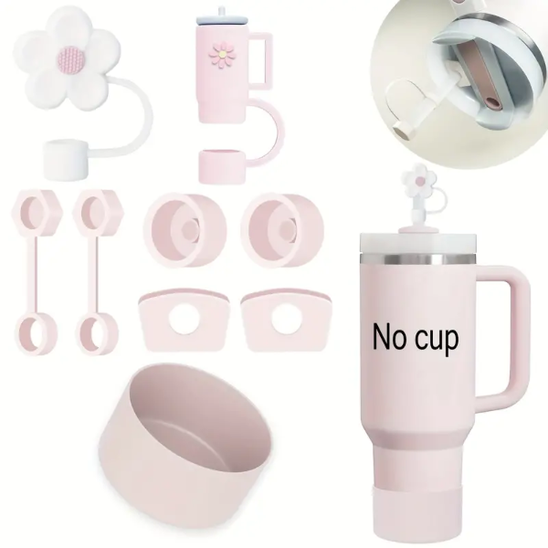 Silicone Kit for Stanley quencher (Spill Proof Stopper-6Pc/Straw Covers-2Pc/Boot)-Pink