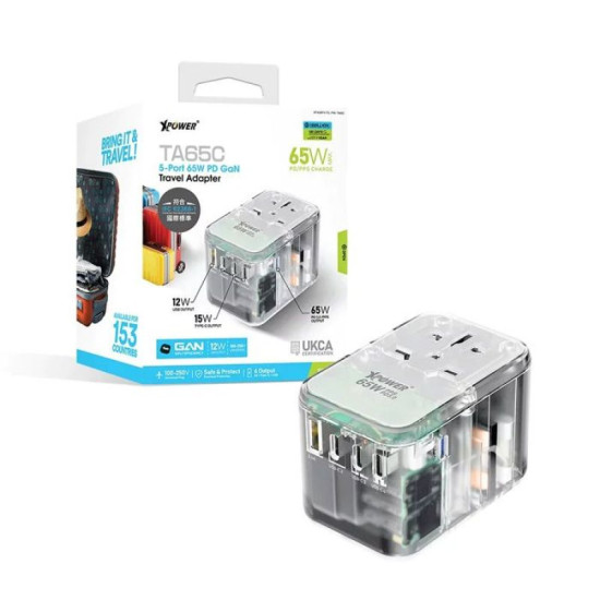 XPOWER 65W 5 Ports Gan PD Travel Adaptor - Transparent