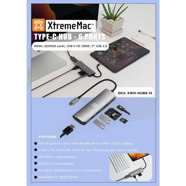 XTREMEMAC Type-C 6 In 1 Hub - HDMI 4K, SD, MSD Cards, USB-C PD 60 Watts, 2 x USB 3.0 / USB 2.00