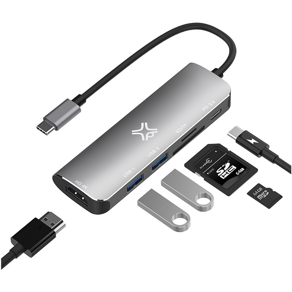 XTREMEMAC Type-C 6 In 1 Hub - HDMI 4K, SD, MSD Cards, USB-C PD 60 Watts, 2 x USB 3.0 / USB 2.00