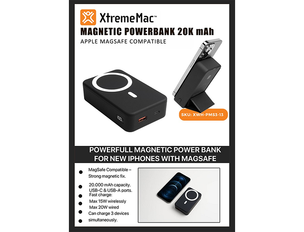 XTREMEMAC Magnetic Powerbank 20000 mah Apple Magsafe Compatible, USB-C/USB-A Connectors , Black