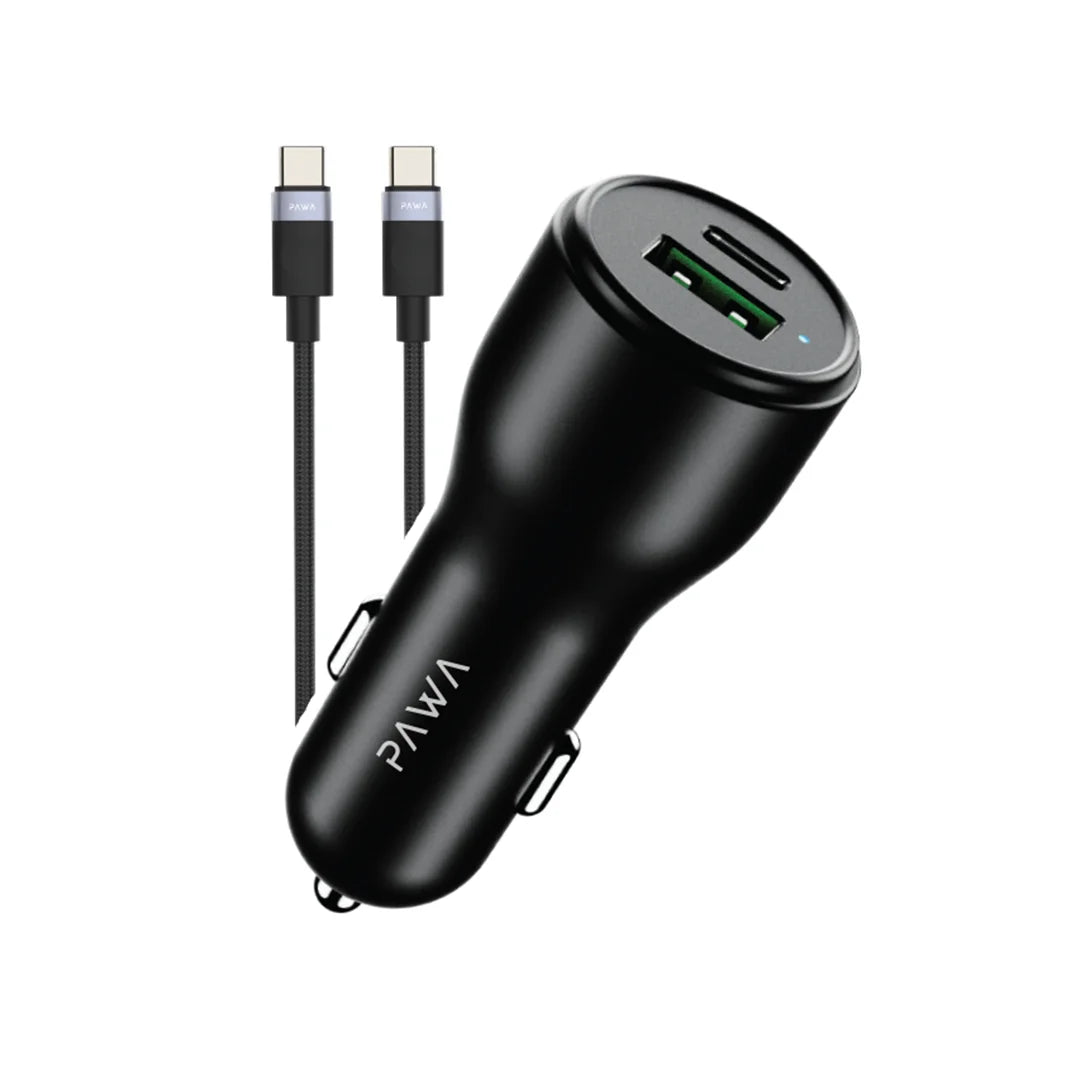 Pawa Solid Car Charger Dual Port PD+QC 51W With Braided Type-C To Type-C Cable