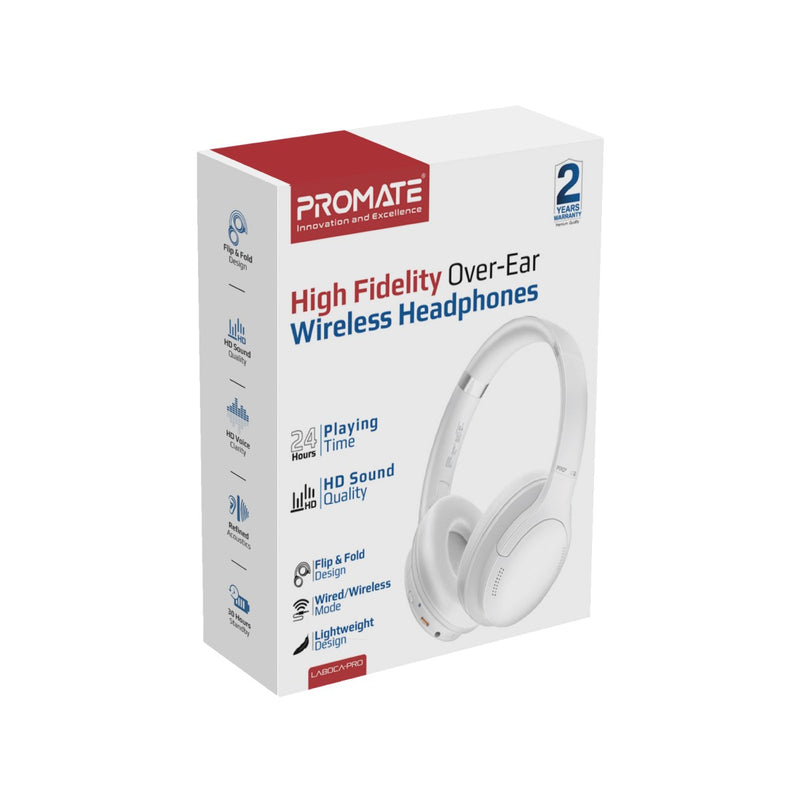 Promate LaBoca-Pro High Fidelity Over-Ear Wireless Headphones - White - TJRQXYO