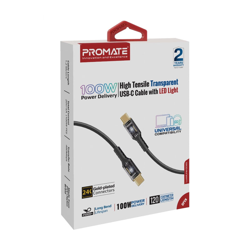 Promate 100W Power Delivery USB-C Cable - Black - TJRX2YG